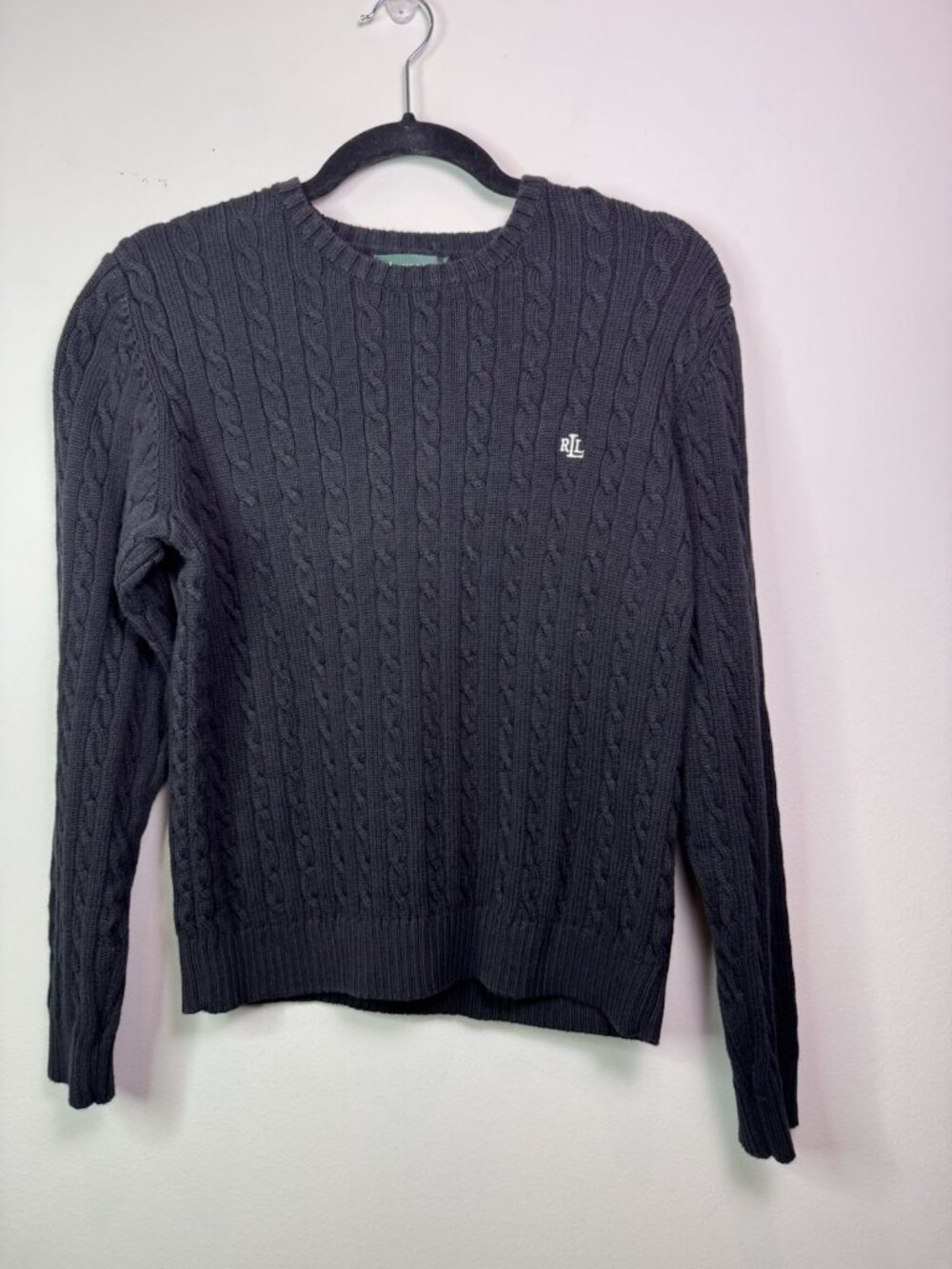 VTG Ralph Lauren Womens Cotton Cable Knit Crew Neck Sweater RLL Logo Black L